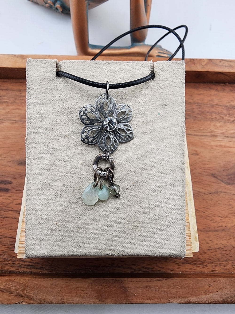 Silver Floral Pendant Necklace with Pale Green Accent Beads